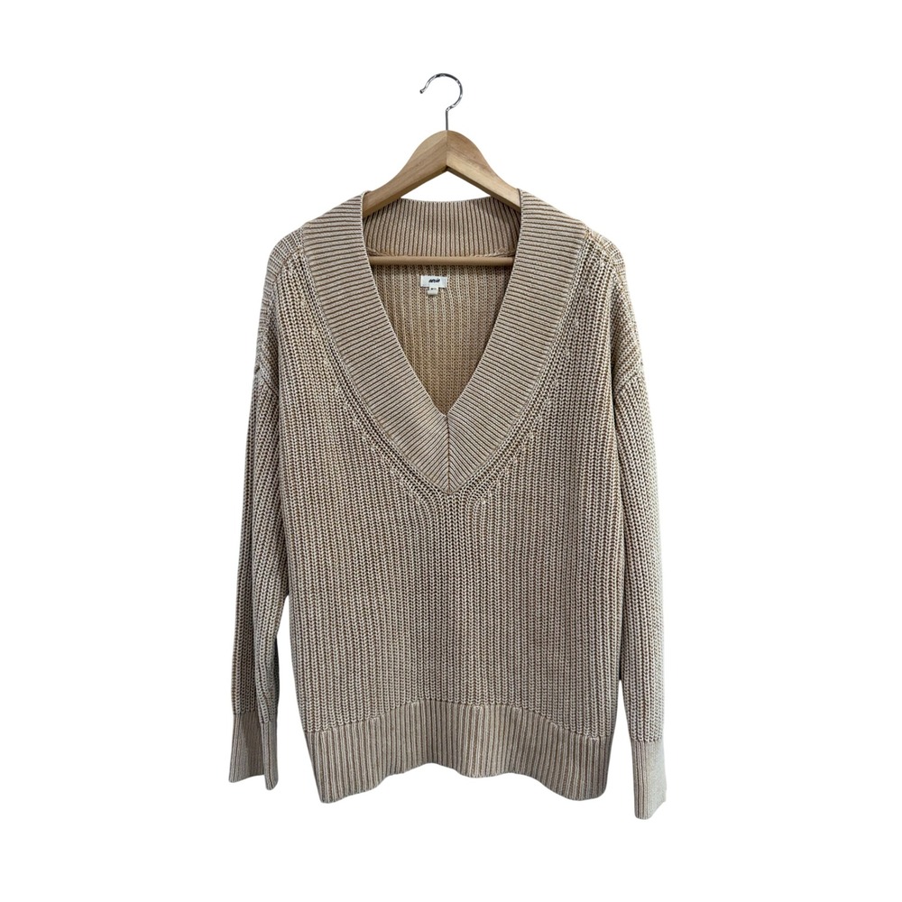 Aerie Womens Tan Marled Shaker Knit V-Neck Sweater Size M Long Sleeve Pullover
